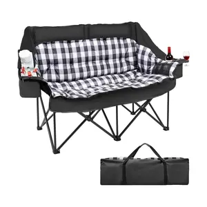 Oversized Double Camping Chair，XXL Folding Camping Loveseat with Padded, 2 Cup & Wine Glass Holders, Cooler Bags & Side Pocket – 1200D Oxford  for Outdoor Picnic Beach Travel