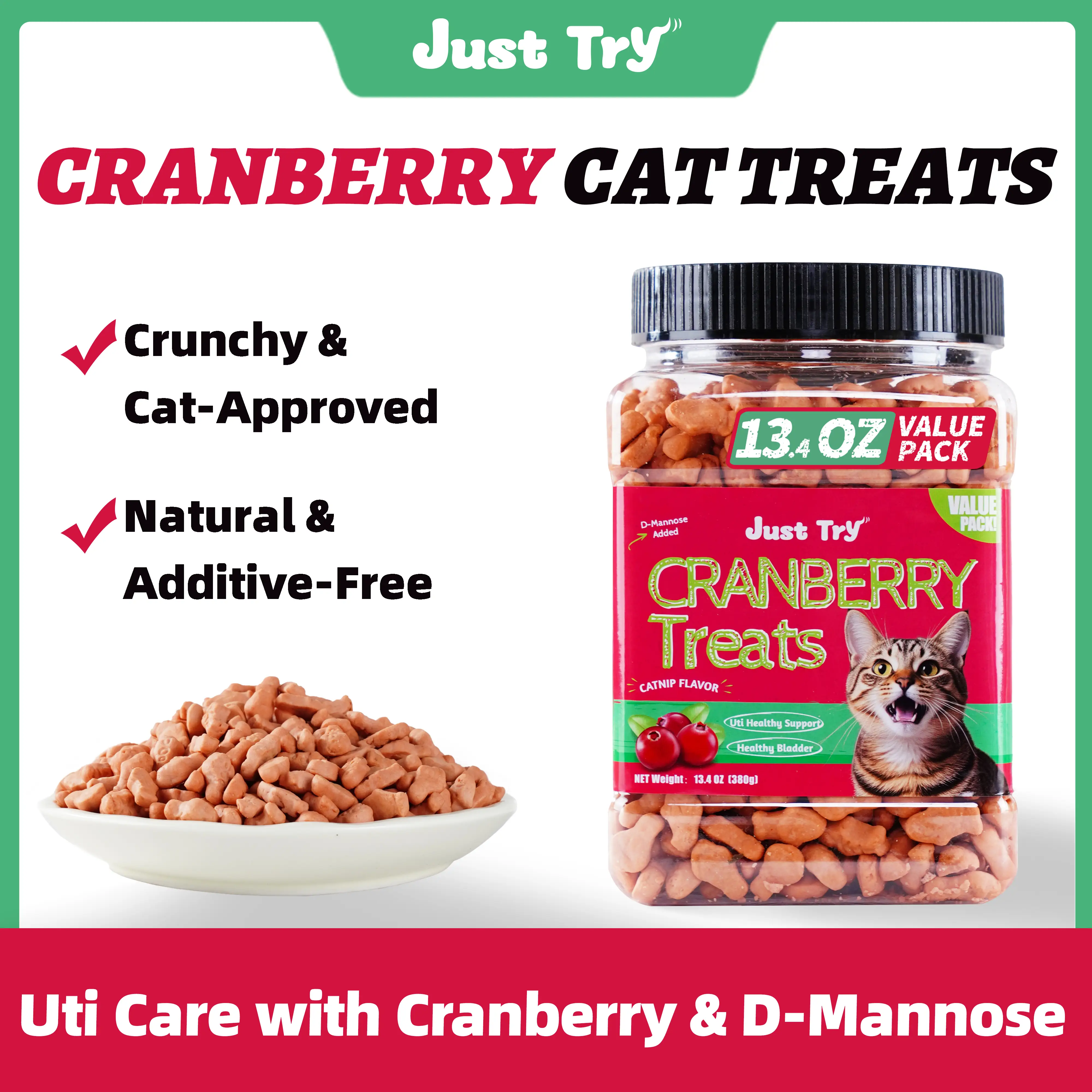 JUST TRY Cat Cranberry Treats Urinary Tract Health Supplement with D-Mannose for Kidney Bladder and UTI Support Salmon Flavor Crunchy Chews
