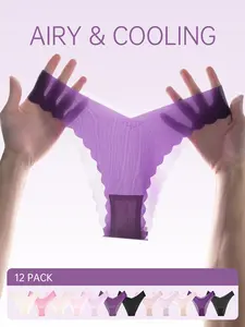 Women's Solid Color Scallop Trim Ice Silk Seamless Panty, Soft Comfortable Breathable Quick Drying V-shaped Waist Knicker for Daily Wear, Underwear for All Seasons