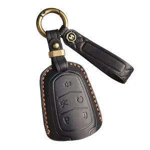 Handmade Genuine Leather 5 Button Smart Key Fob Cover Fit For Cadillac CT4 CT5 CT6 XT4 XT5 XT6 ATS XTS CTS GT4 Key Case Keyless with Keychain Black