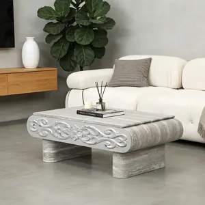 Rounded Edge Coffee Table with Flower Pattern & Solid Wood Drawer Modern Stylish Center Table Wooden Coffee Table Versatile Accent Furniture for Living Room Office Home Living Room Furniture