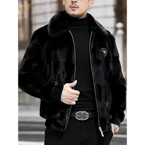 Men's Casual Faux Mink Jacket with Faux Fur Collar, Long Sleeve Zippered Polyester Biker Coat, 100% Polyester Lining, Style 984 Tops - Collared Menswear Fabric Motocross Black