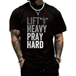 Lift Heavy Pray Hard 100% Cotton Christian Faith Gym Jesus T-Shirt For Men Casual Style Tee Casual Loose Fit Round Neck Tropical