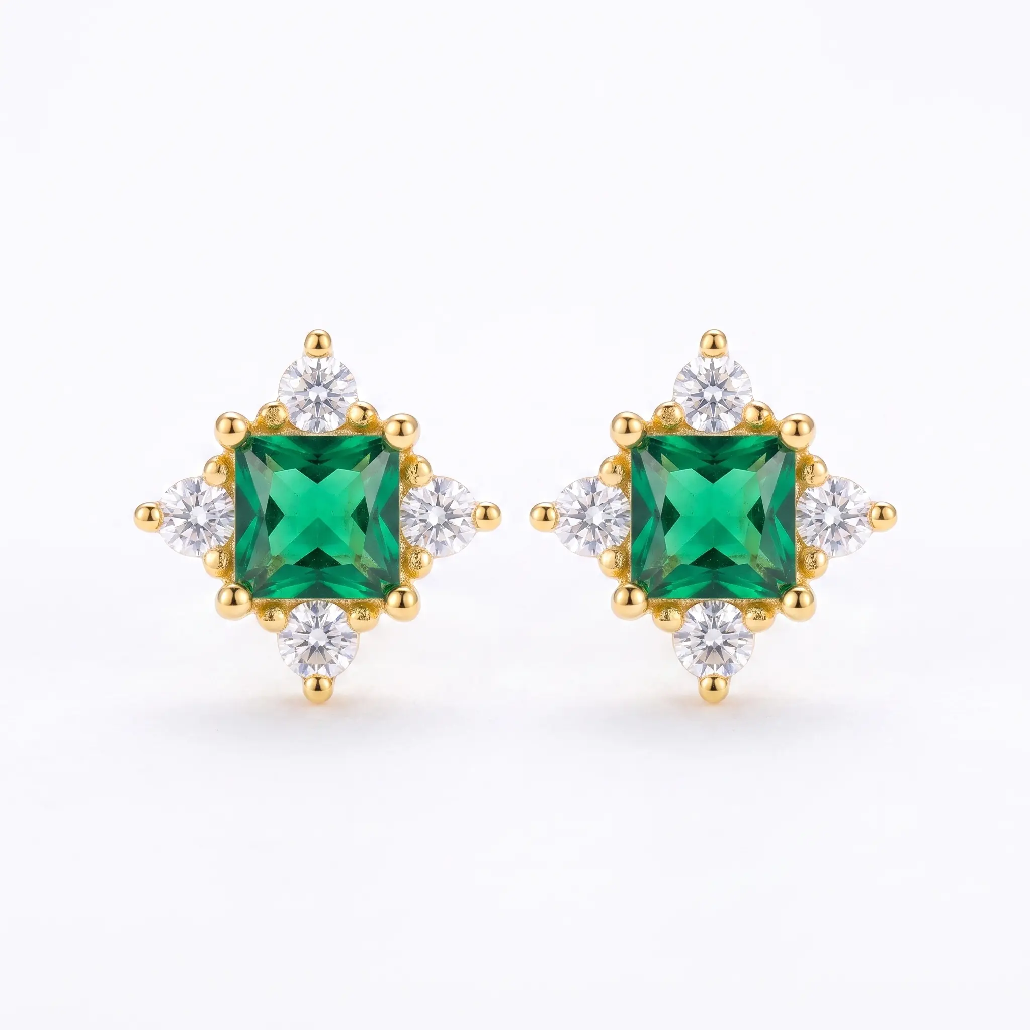 Green Emerald Stud Earrings with Diamond Accents in Gold Tone Setting S925 2Pic
