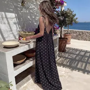 Women's Pink Heart Print Backless Maxi Dress, Cute Tie Strap Flowy Long Sundress, Summer Beach Vacation Outfits