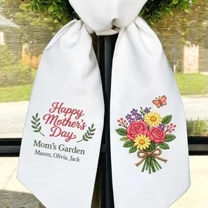 Custom Mom's Garden Wreath Sash Embroidery, Personalized Mother's Day Door Decor With Children Names, Floral Wreath Bow Scarf, Gift For Her