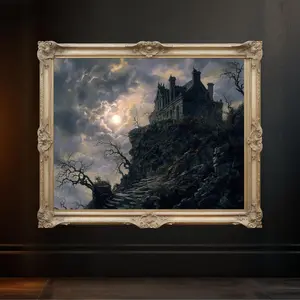 Gothic Haunted House on Cliff Wall Art, Spooky Landscape Print, Dark Castle Wall Decor, Halloween Haunted Mansion Poster, Eerie Art, Unframed