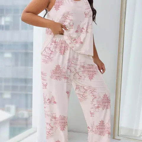 [Plus Size] Landscape Print Cami Top & Elastic Waist Pants Pyjama Two-piece Set, Casual Comfy Spaghetti Strap Sleeveless Camisole & Trousers PJ Set, Women's Sleepwear for Summer, Loungewear, Pajama Set, Pajama Outfit, Pajamas