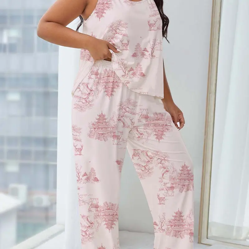 [Plus Size] Landscape Print Cami Top & Elastic Waist Pants Pyjama Two-piece Set, Casual Comfy Spaghetti Strap Sleeveless Camisole & Trousers PJ Set, Women's Sleepwear for Summer, Loungewear, Pajama Set, Pajama Outfit, Pajamas