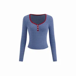 Cider Women's Striped Sweetheart Neck Long-Sleeve Tee with Contrasting Binding