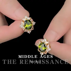 Vintage Light Medieval Olive Green Zircon Earrings French Retro Palace Style High-end Gold-plated Earrings with Transparent Crystal & Freshwater Pearl