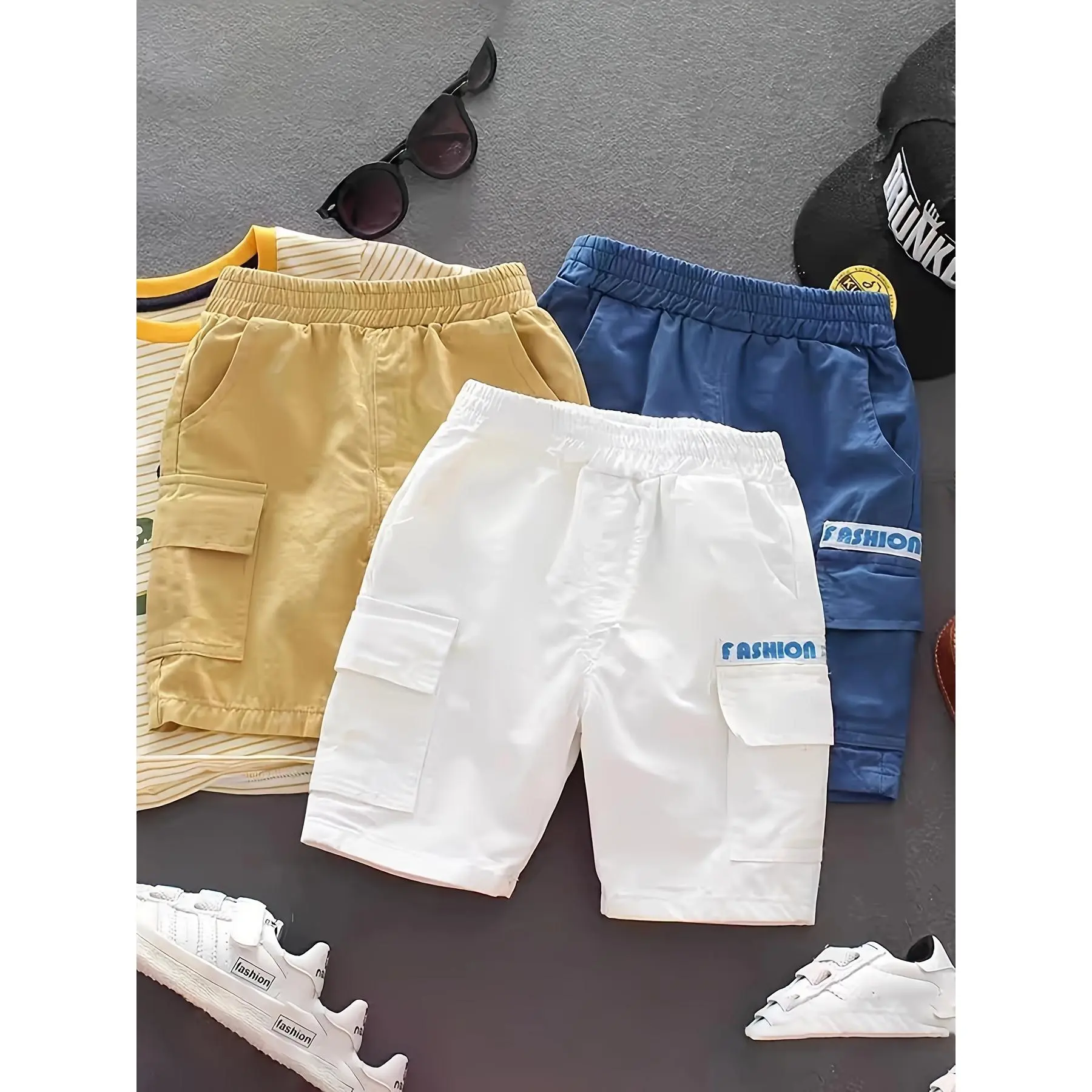 [New Summer Style Kids] 3pcs Boys' Summer Shorts |   Thin, Trendy Knee-Length Cargo Pants |   Medium to Large Kids, New Summer Style, Perfect for Outdoor