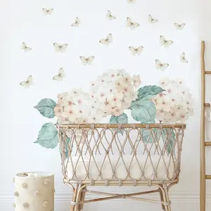 Hydrangea Flowers Wall Stickers  Neutral Colors Nursery Decals Butterfly Watercolor Pink Beige Room decor Girls Tender Boho Bathroom , LF545
