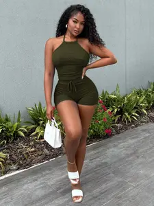 YULENA Military Green Textured Fabric Backless Cropped Shirt Hotpants Co Ord Y2K Fashion