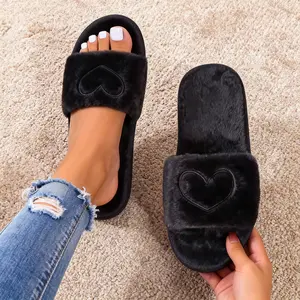 Women's Heart Embroidered Fuzzy Flat Slipper Soft Plush Lining Wide Band Cute Warm Slippers for Fall Winter Trending Shoes Gift Ultimate Comfort Snug Fit Support Casual Footwear