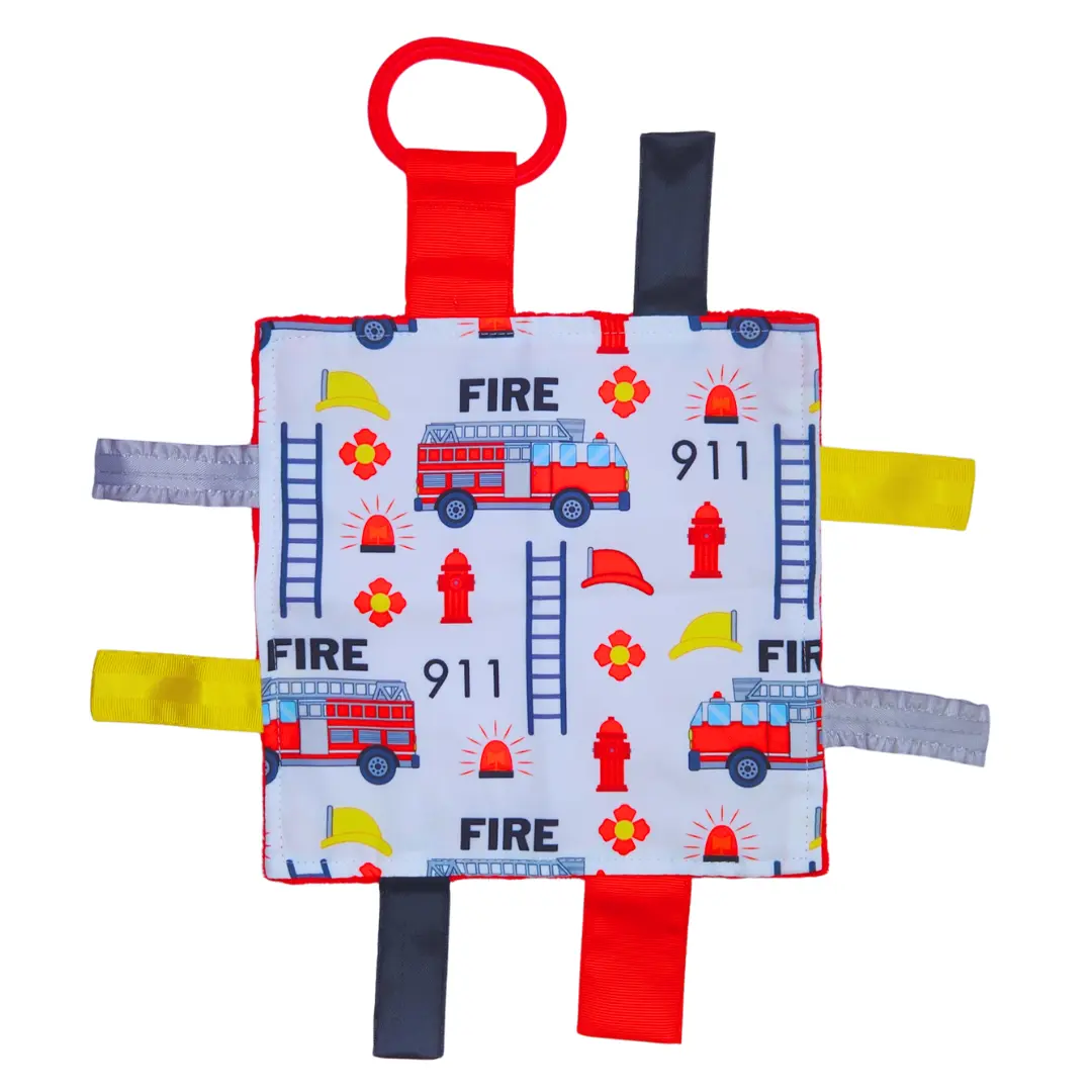 Firefighter Rescue Firetrucks Learning Lovey Crinkle Tag Sensory Toy 8"x8"