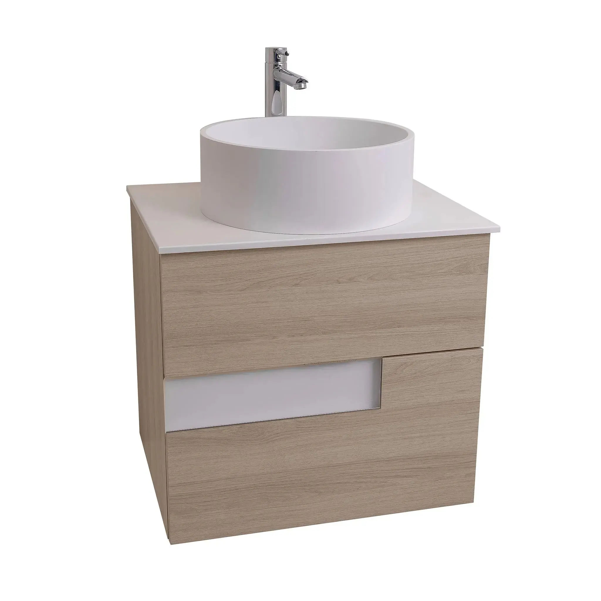 Vision 23.5 Natural Light Wood Cabinet, Solid Surface Flat White Counter And Round Solid Surface White Basin 1386, Wall Mounted Modern Vanity Set