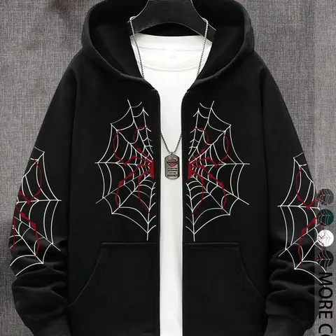 Teen Boys Spider Print Hooded Jacket, Casual Street Style, Loose Fit, Fall & Winter Fashion, Graphic Design, Outdoor Wear, Athletic Hoodie, Cozy Hoodie, Casual Streetwear Hoodies, Casual Hooded Sweatshirts