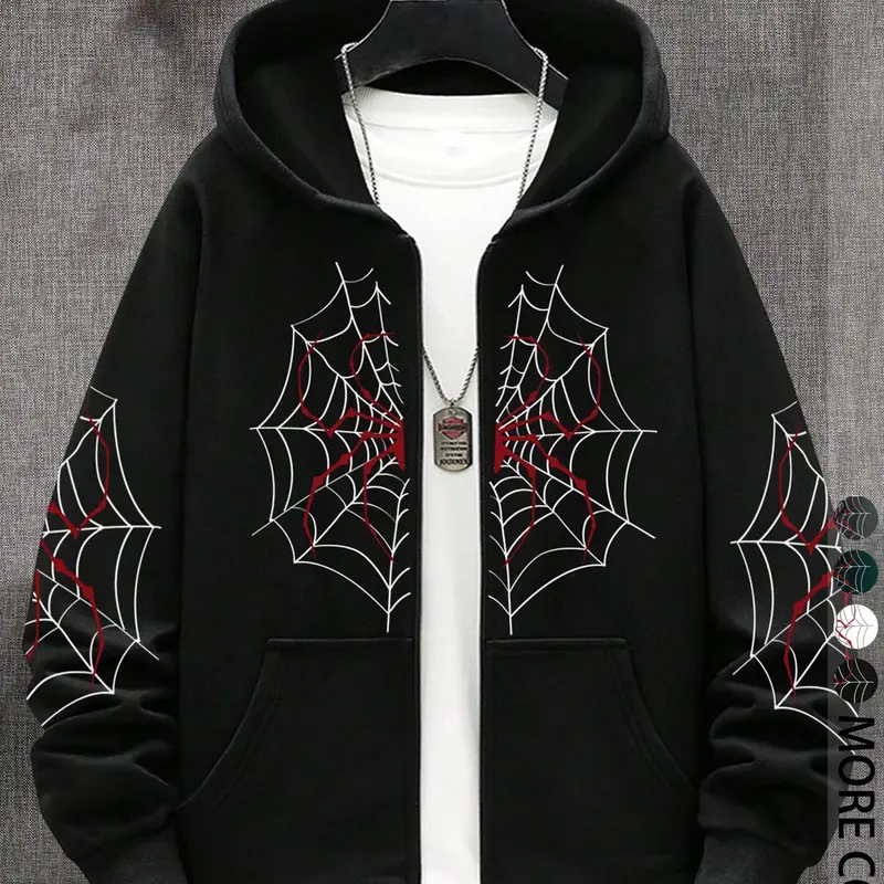 Teen Boys Spider Print Hooded Jacket, Casual Street Style, Loose Fit, Fall & Winter Fashion, Graphic Design, Outdoor Wear, Athletic Hoodie, Cozy Hoodie, Casual Streetwear Hoodies, Casual Hooded Sweatshirts