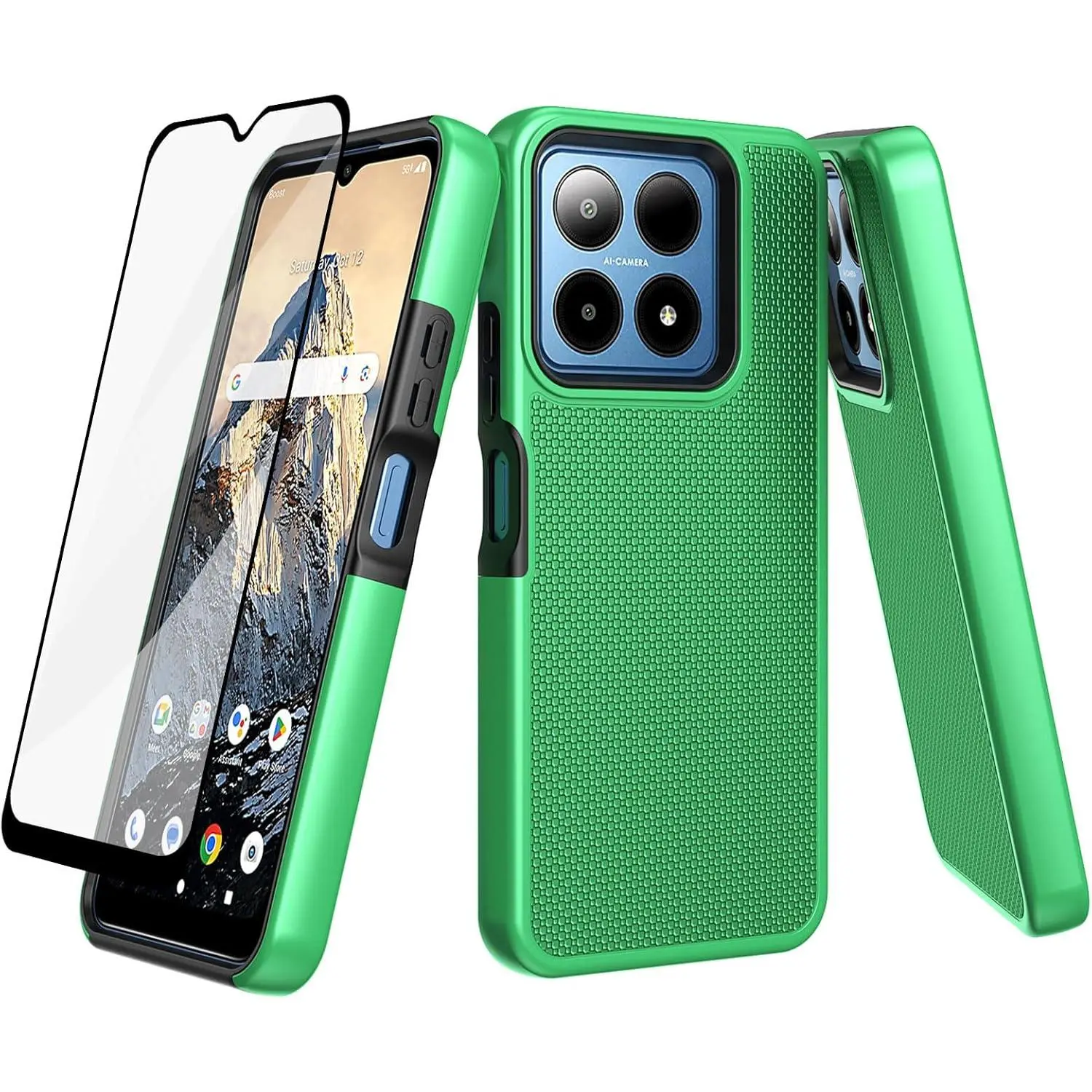 for Boost Summit Phone Case, Summit Screen Protector, Dual Layer Shockproof Protective, Silicone Bumper Non Slip , Heavy Duty,  Rugged Cell Phone Cover-Green