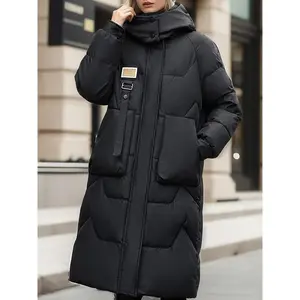 Women's Casual Long Hooded Jacket - Thick, Warm Puffer Coat with Pockets Fall/Winter, Machine Washable Collar Womenswear Tops Outerwear Black