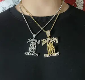 Hip Hop DEATHROW RECORDS Prisoner Necklace Rhinestones Pendant with Rope Chain