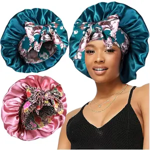 2 count Large Silky Bonnets with tie Band Braid Bonnet, Satin Bonnet for Sleeping Curly Hair, H