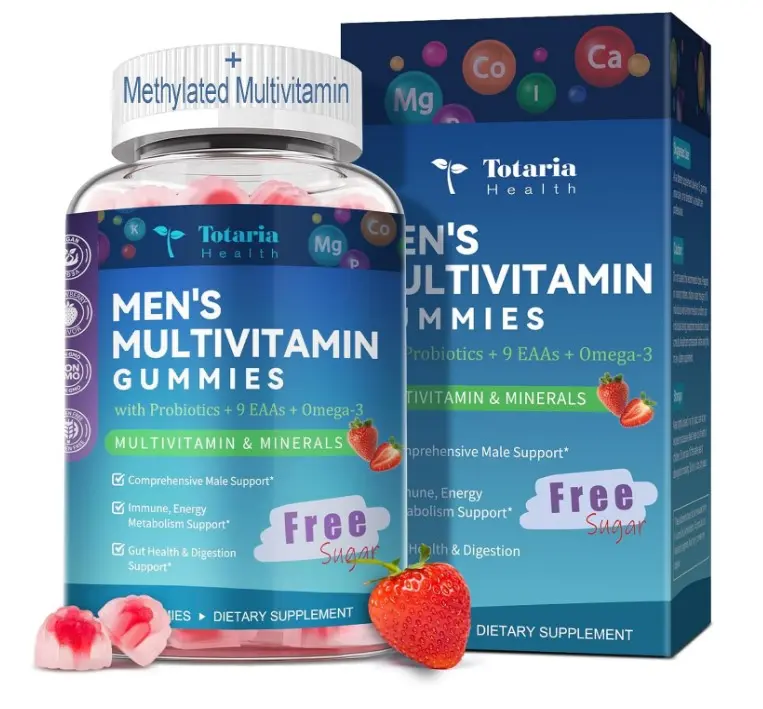 Totaria Sugar Free Multivitamin for Men with Omega 3, Probiotics, Mens Multivitamins Gummies w/Methylated B Complex, EAAs, Lycopene, Zinc, for Daily Energy, Immune, Heart, Iron Free, 60 Count
