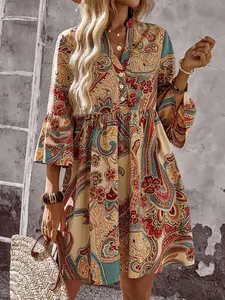 Boho Multicolor A-Line Short Dress - Flounce Sleeve Paisley Print - Hippie Summer