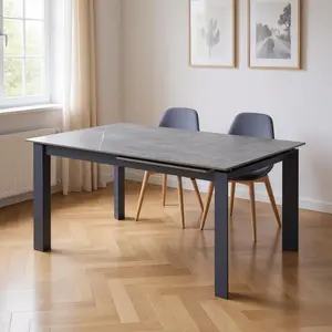 360 stand Rectangular Extendable Dining Table with Self-Storing Leaf, 29.5x55x35.5 in, Gray Ceramic Top, Metal Base, Contemporary Indoor Furniture, Seats 6, Seats Six