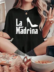 La Madrina Godmother Comadre Godparent Gift T-Shirt , Printed Crew Neck T-Shirt For Women - Casual Crew Neck, Short Sleeve, Breathable 100% Cotton Top