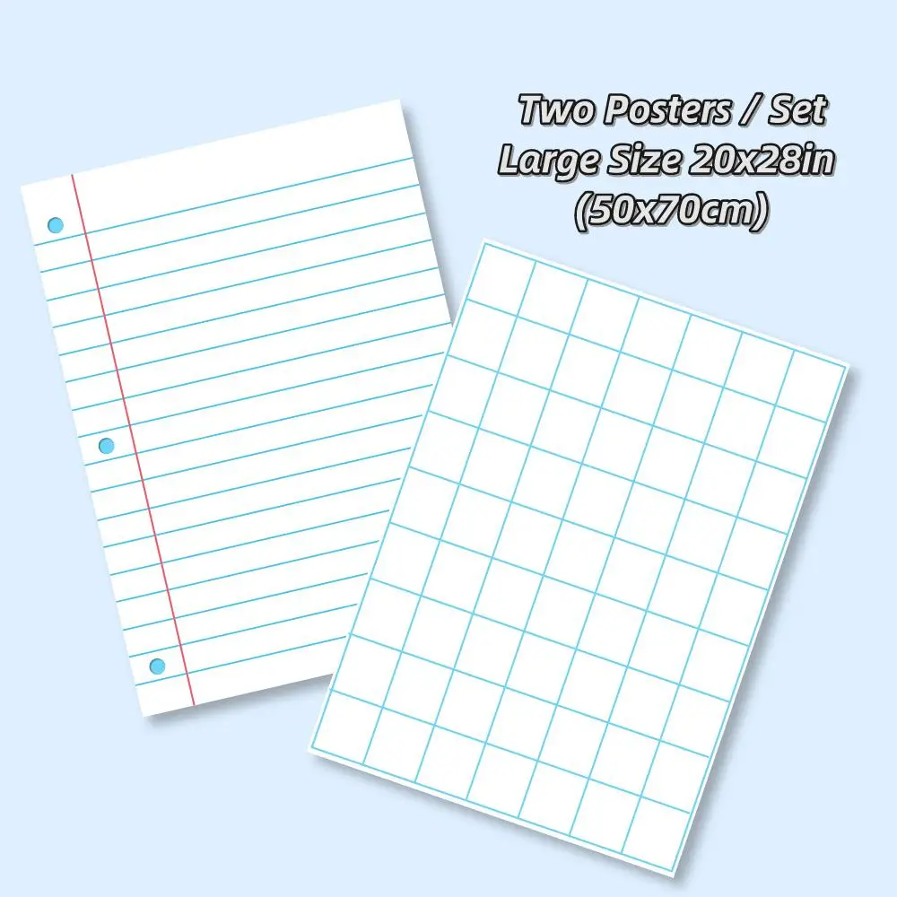 Classroom Large Laminated Dry Erase Poster Set, 2 Counts/set Grid and Lined Erasable Poster Set for Home and Office, School Teaching Supplies, Valenti