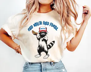Red White and Feral Shirt, Funny Raccoon Shirt, 4th of July Shirt, Feral Shirt, Hotdog Shirt, Funny USA Shirt, Merica Shirt Casual Daily Wear Tee For Men & Women, Apparel Made In The USA