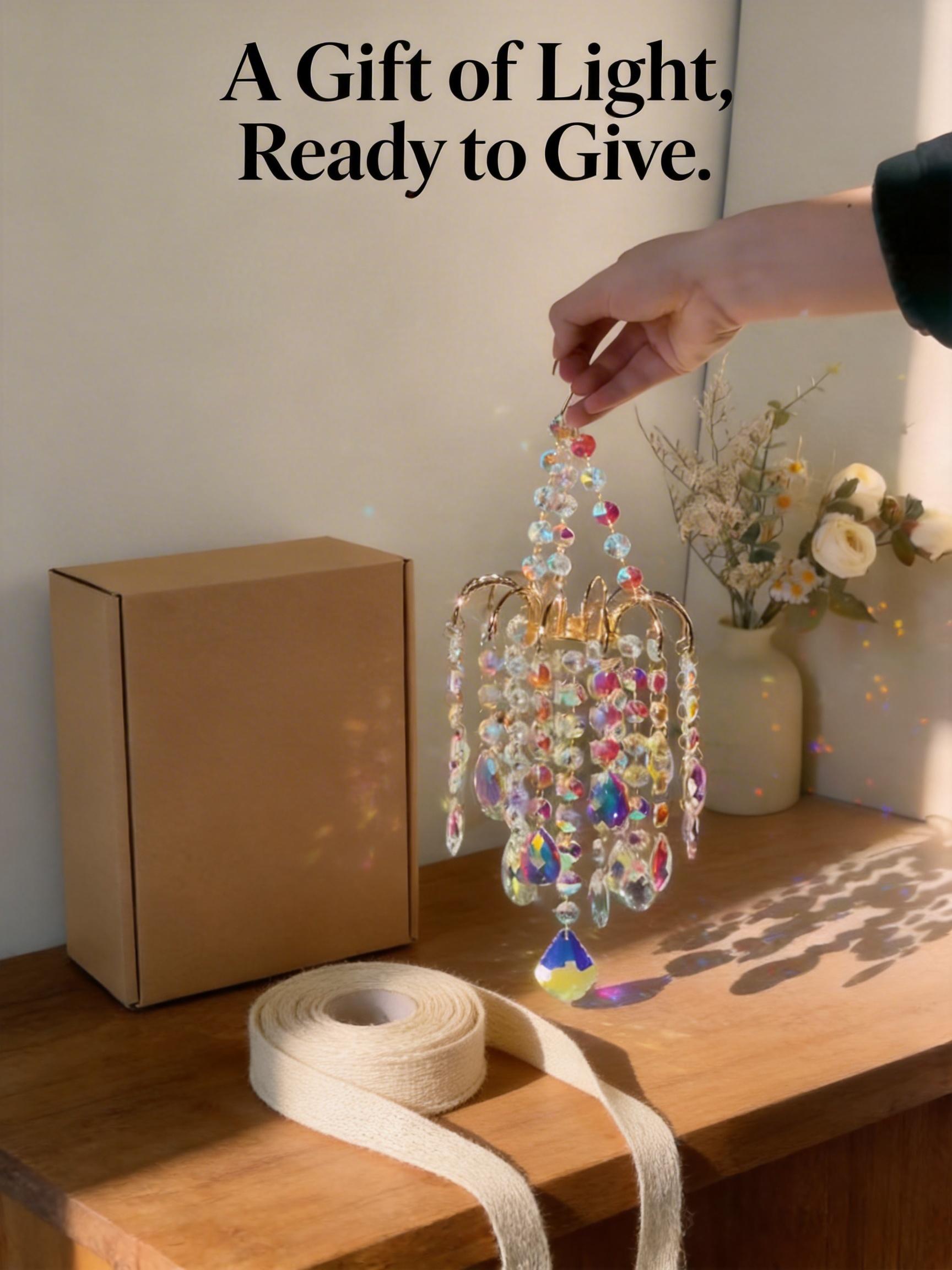 16 Inch/42cm Gold Crystal Sun Catcher | Rainbow Maker Window Decor.Creates dancing rainbows on walls. Gold metal frame with artificial crystals. great gardening , french doors , rain box chime unique large memorial wind chime