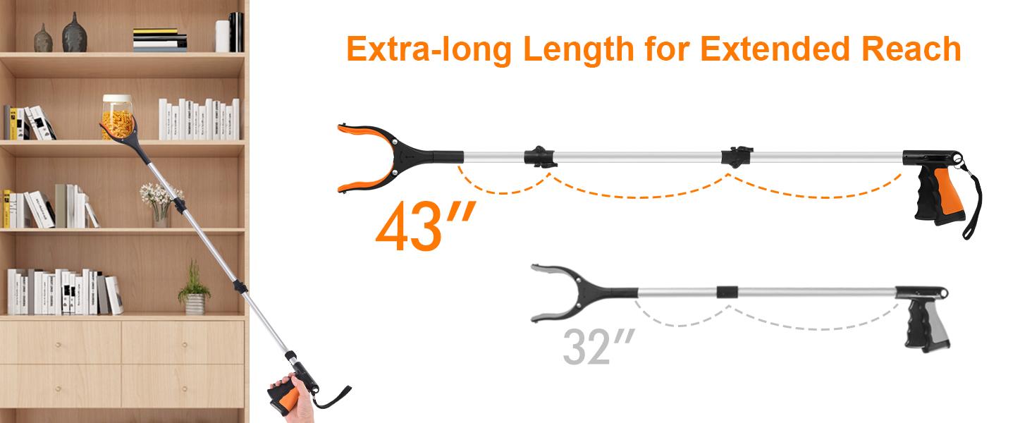 43" Extra Long Reacher Grabber Tool - Foldable, Rotating Jaw with Magnets, 4" Wide Claw, Heavy Duty Durable Gardening Pickup Tool for Elderly, Durable Gardening Tool
