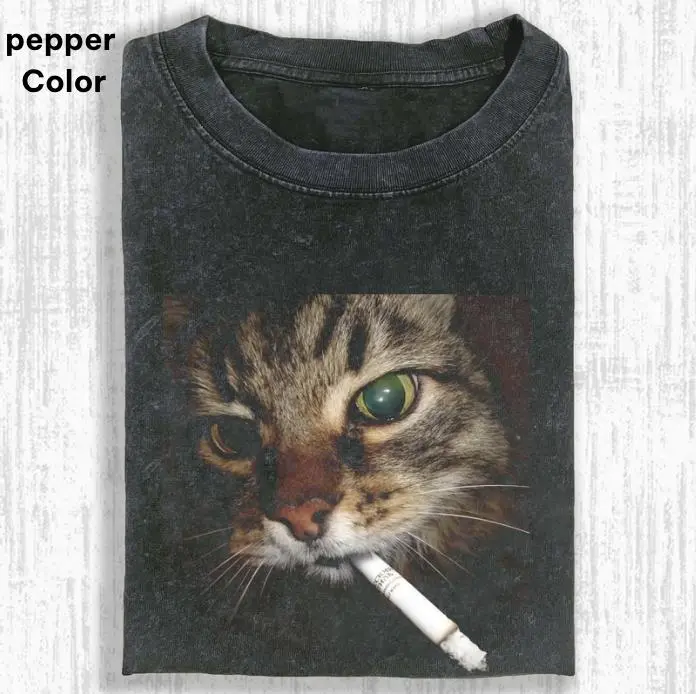 smoking cat T-shirt, cotton cat funny T-shirt, Retro Funny Vintage Tee, Unisex Meme Cringe Funny Dumb Shirt, FUNNY CUTE shirts for women Menswear Top