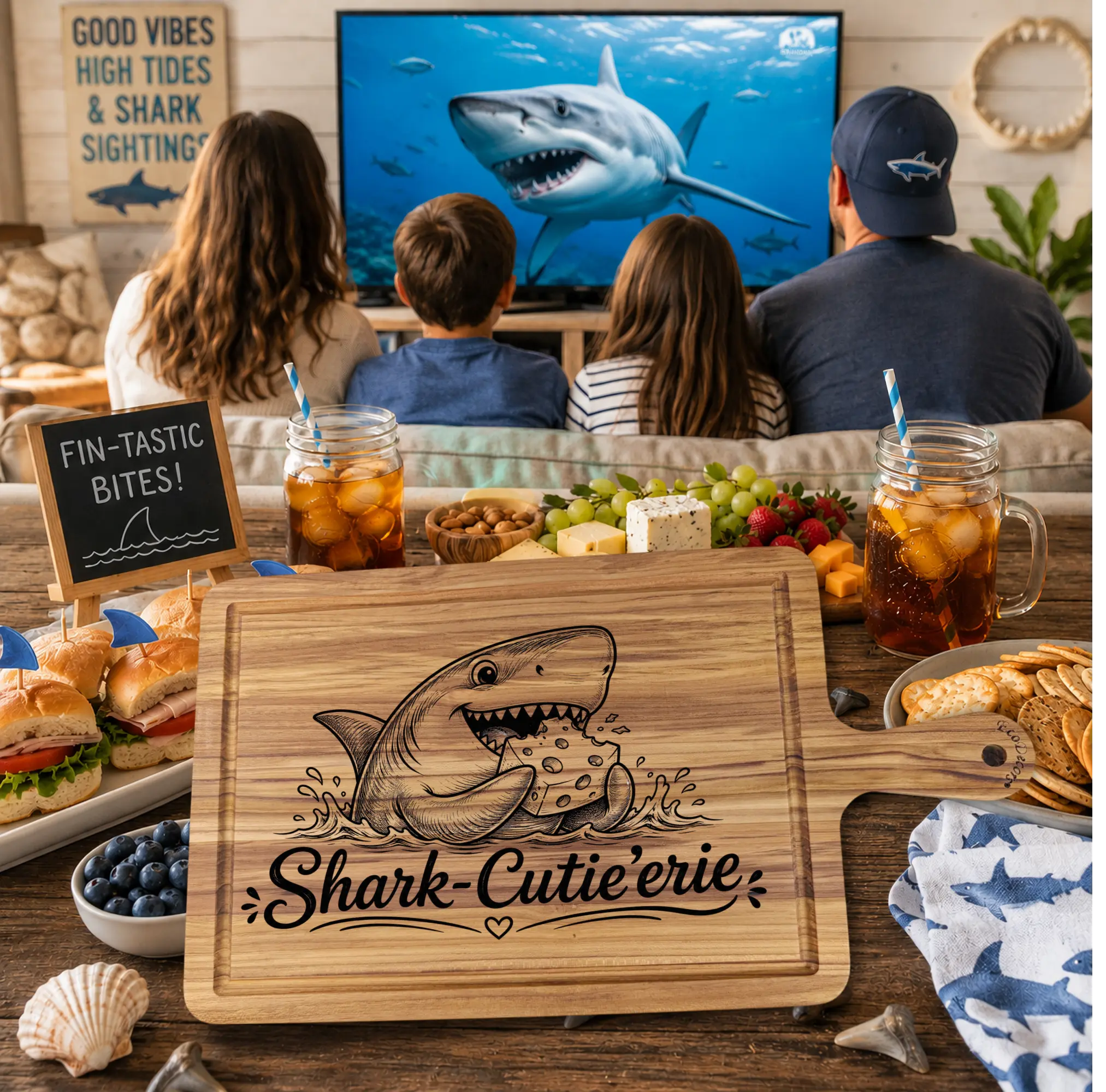 Funny Shark Charcuterie Board with Laser Engraved Shark Design