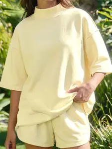 Women's 2 Piece Lounge Set Oversized Mock Neck Tee and Shorts Tracksuit Casual Exposed Seam Summer Matching Outfits