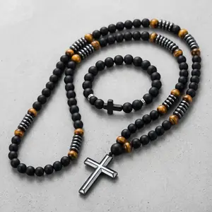 Men & Women's 2-Piece Bohemian Cross Pendant Necklaces - Matte Black, Tiger Eye Stones, Natural Stone Beads, Intricate Beadwork, Avant-Garde Costume Jewelry for Daily Wear, Formal Events