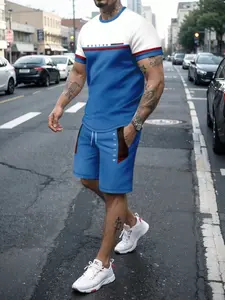 Men's Colorblock Geometric Print Casual Set, Comfortable Short Sleeve T-Shirt & Shorts, 2-Piece Versatile, Summer Fashion