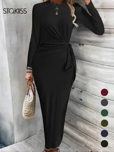 Women's Plain Knot Front Long Sleeve Bodycon Fit Dress, Casual Round Neck Maxi Dress for Fall & Winter, Women's Clothing for Daily Wear, Womenswear