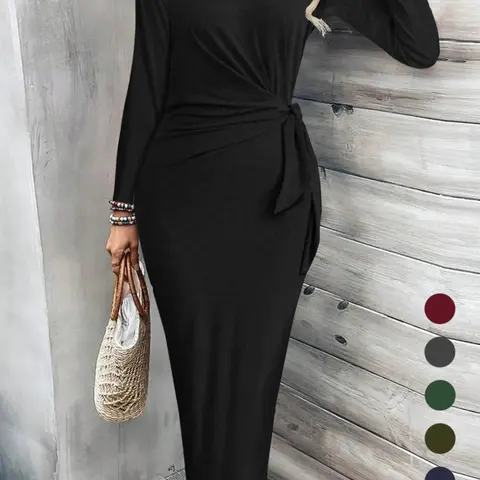 Women's Plain Knot Front Long Sleeve Bodycon Dress Fabric, Casual Round Neck Maxi Dress for Fall & Winter, Women's Clothing for Daily Wear, Womenswear