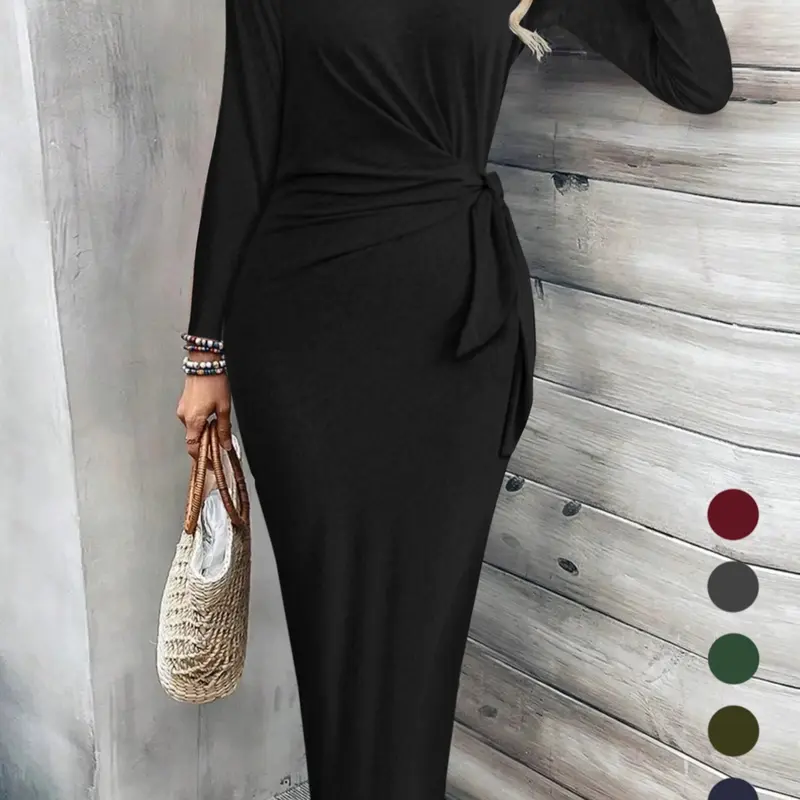 Women's Plain Knot Front Long Sleeve Bodycon Dress Fabric, Casual Round Neck Maxi Dress for Fall & Winter, Women's Clothing for Daily Wear, Womenswear