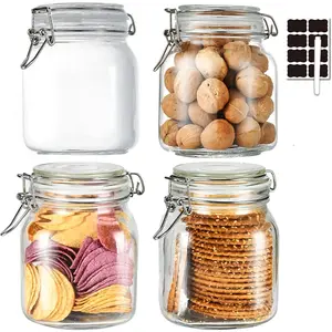 32oz Glass  Storage Jars with Airtight Clamp ,Set of 4 Airtight Glass Canister Square- Clear Storage Container for Kitchen Container Storing Sugar, Flour, Cereal,Coffee,...