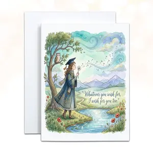 Watercolor Graduation Card, Dandelion and Owl, Whatever you wish for I wish for you too, Greeting Card with Envelope