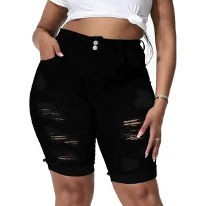 Womens Plus Size Jean Shorts Stretchy High Waisted Ripped Roll Hem Denim Bermuda Shorts 10" Inseam Womenswear Bottom