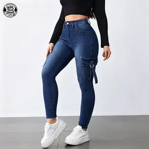 Women’s washed high-waisted cargo slim denim jeans — highly elastic slim-fit cargo denim pants with a waistband, suitable for everyday commuting and casual occasions