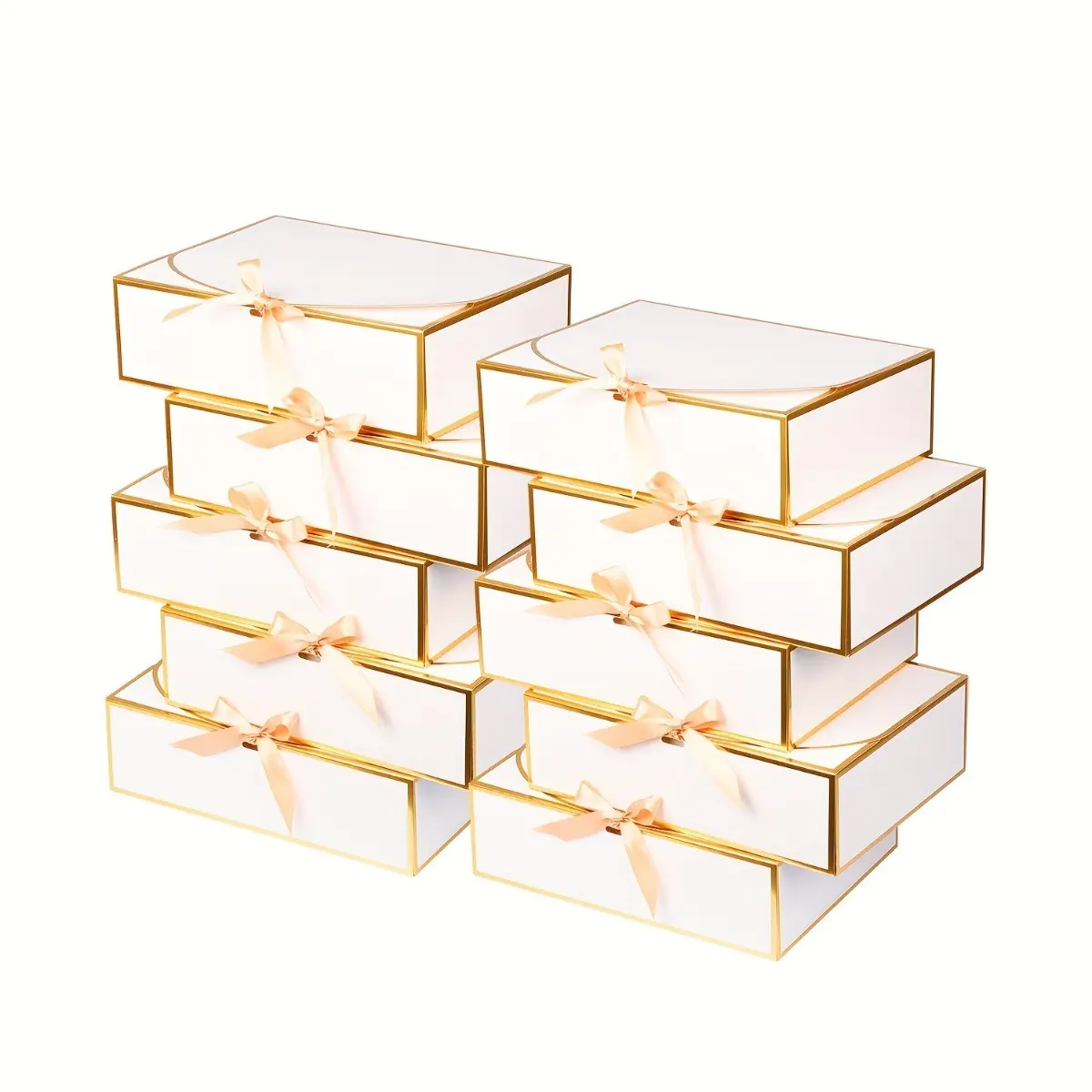 Elegant Gold Trim Gift Boxes Set, Elegant Packaging, 12 Boxes with 12 Ribbons, Ties, Perfect for Weddings, Birthdays, Special Occasions, Treat Boxes