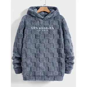 Men's casual hoodie with embroidered letters, regular plaid solid color long sleeve sweater, autumn and winter warm hoodie, pullover