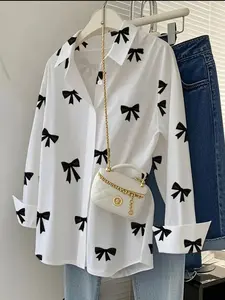Women's Bow Print Oversized Button Down Shirt – Y2K Long Sleeve Blouse, Casual Streetwear Top, Casual Classy Top, for Daily Outfits, Soft Lightweight Fabric, Loose Fit Button Up Shirt for Spring Summer Fashion